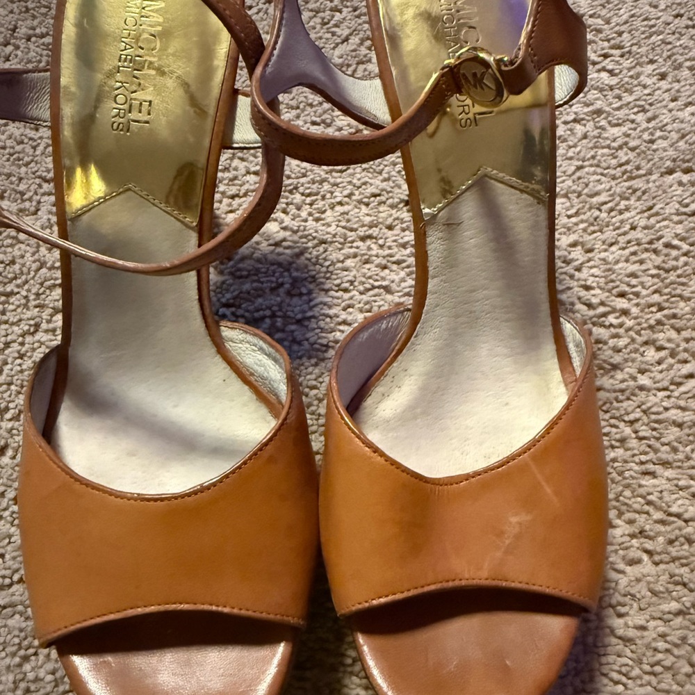 Michael Kors Tan Leather Open-Toe Ankle-Strap Heels